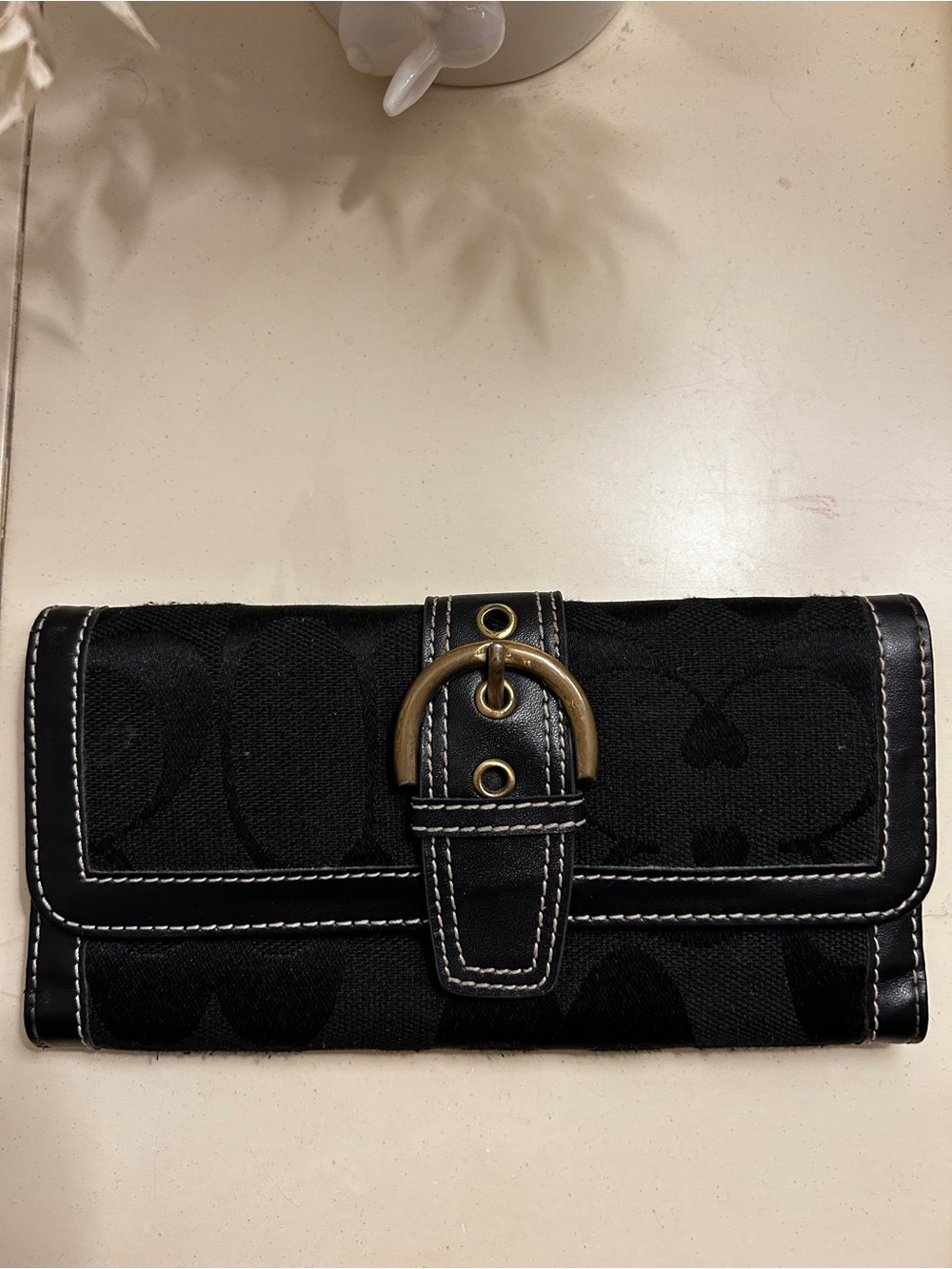 C Black Signature Canvas Wallet with Brass Buckle